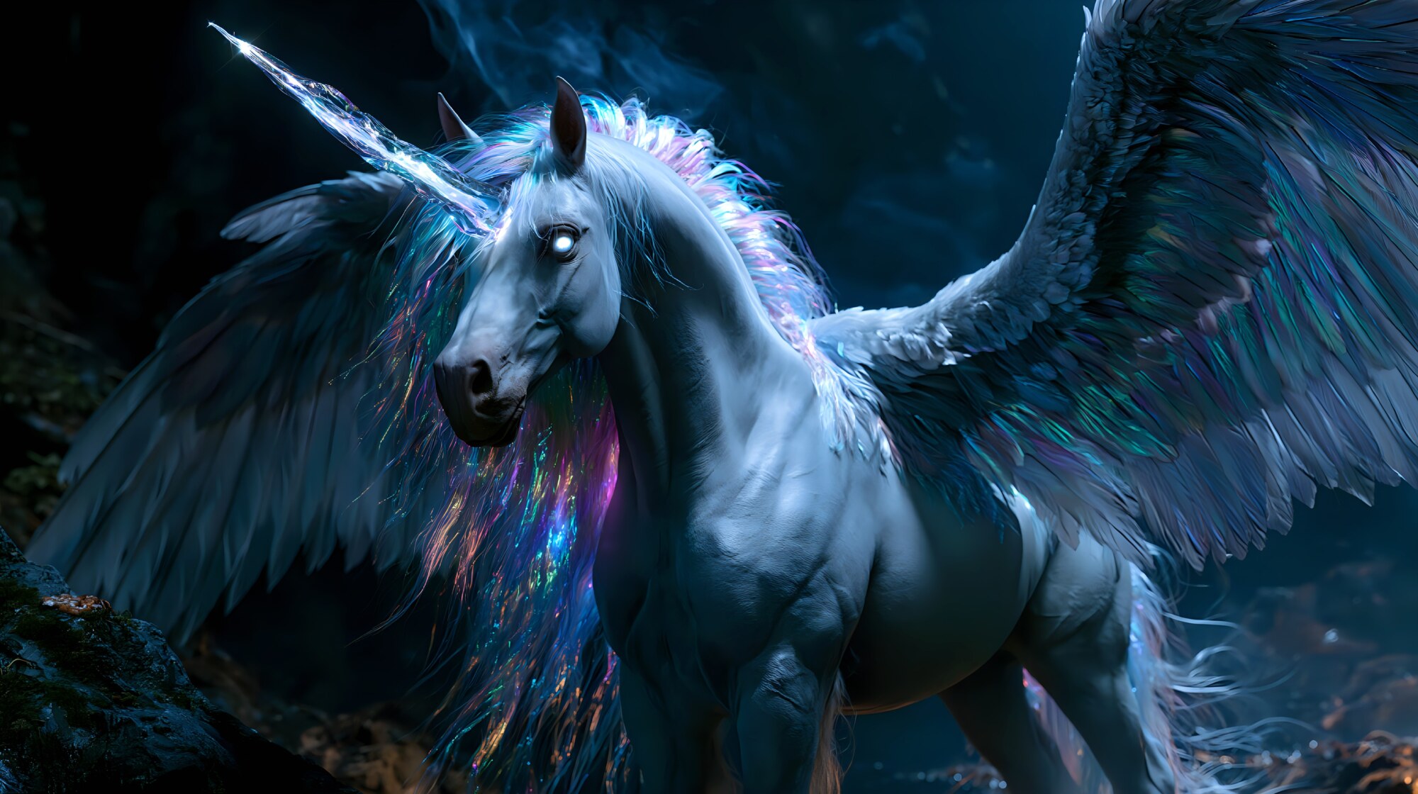 Spreading feathered wings, a white alicorn stands in darkness with a crystal horn