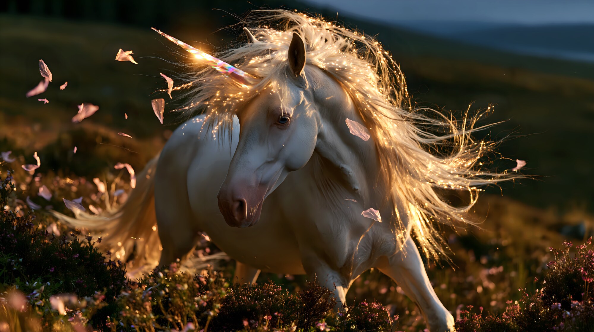 A snow-white unicorn with windblown hair runs across a dark hillside with petals blowing past