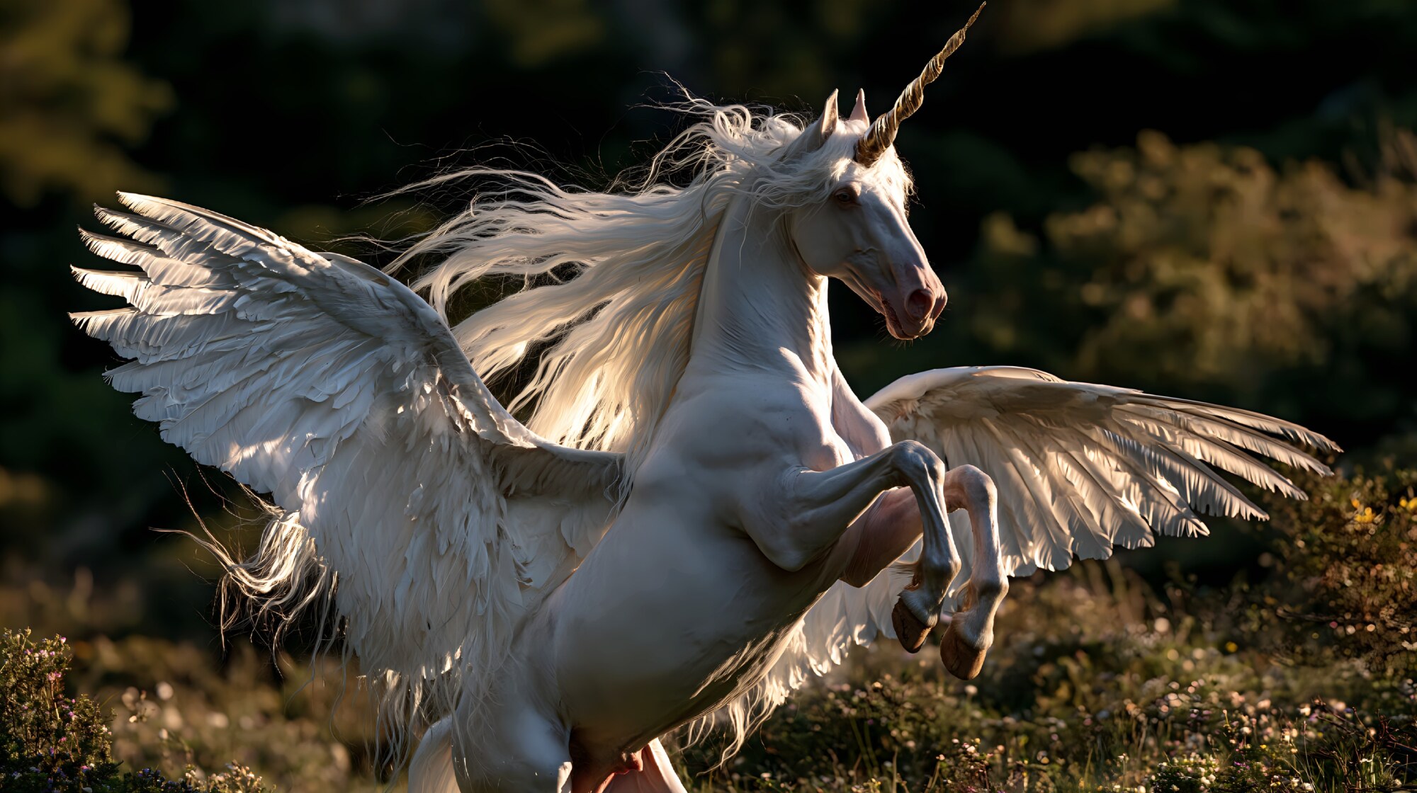 Rearing up in a sunlit meadow, a white winged unicorn with feathers spreads wide wings