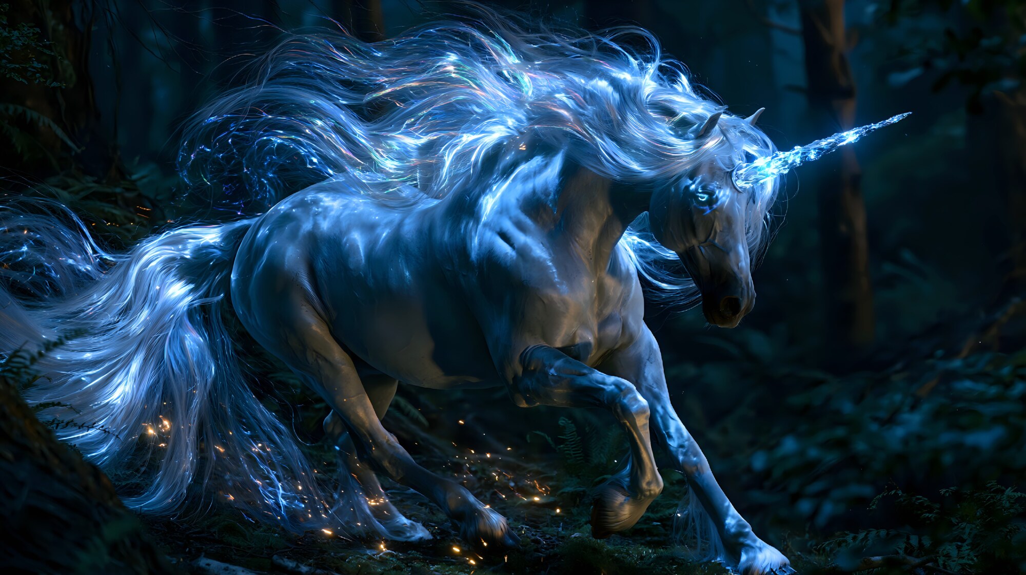 A pure white unicorn sprints through dark woods, its flowing mane lit by blue sparkles
