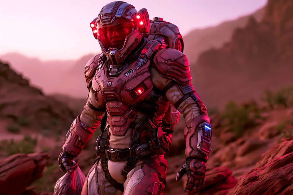An astronaut in a red armored spacesuit stands on rocky Mars hills