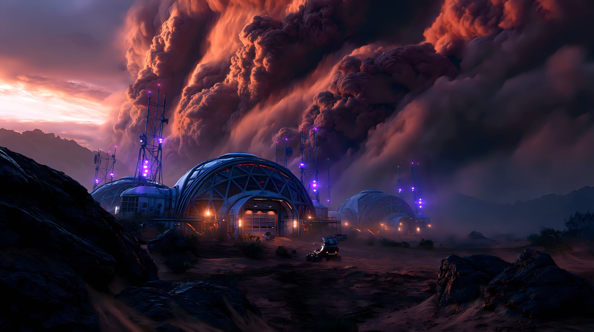 Tilted low, domes of a Mars outpost sit under a dark red dust storm