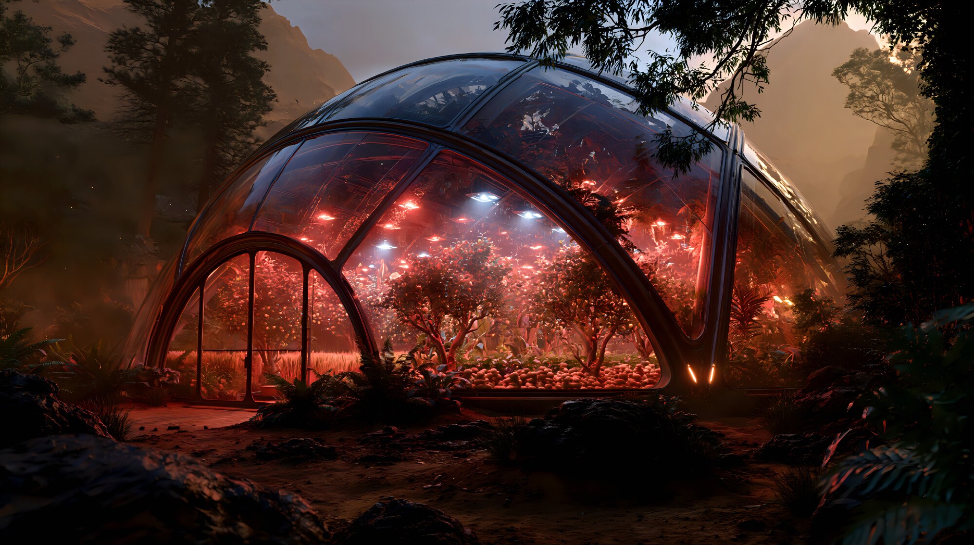 Sheltering small trees, a glass dome greenhouse shines with red ceiling lights
