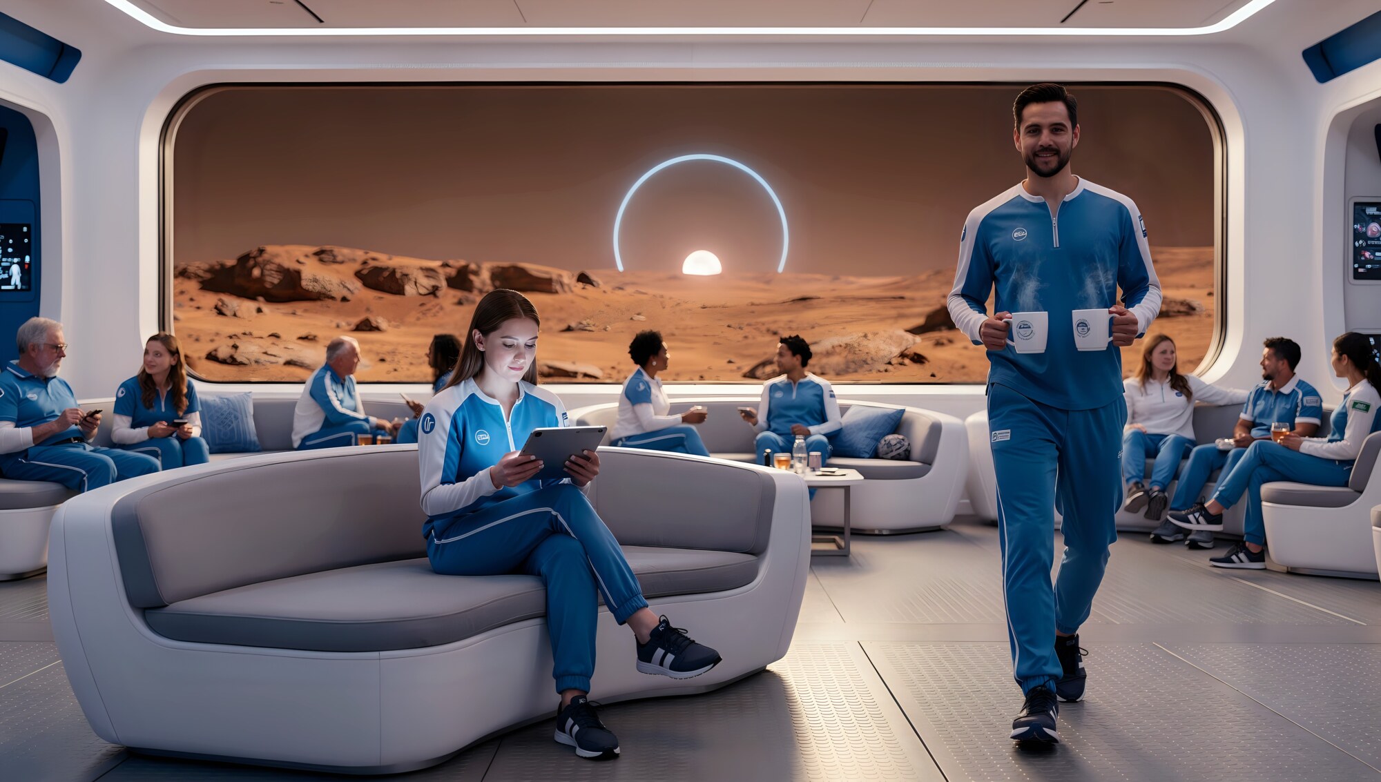 Walking forward inside a Mars lounge with crew members relaxing in blue tracksuits