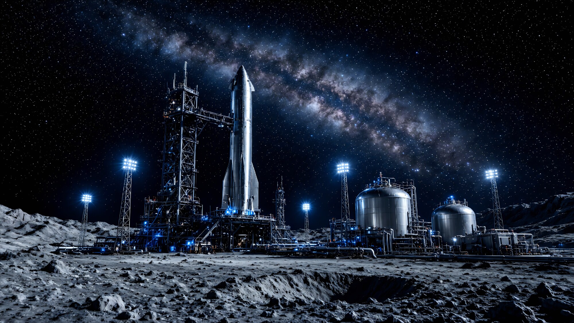Standing on a moon launchpad, a silver rocket rests under the Milky Way