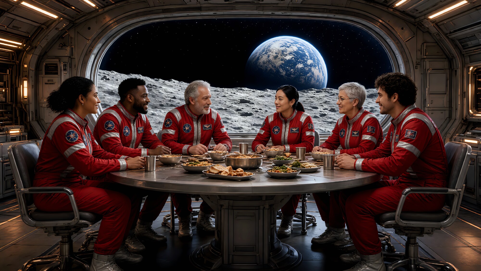 Six astronauts in red suits share a meal before a window facing Earth