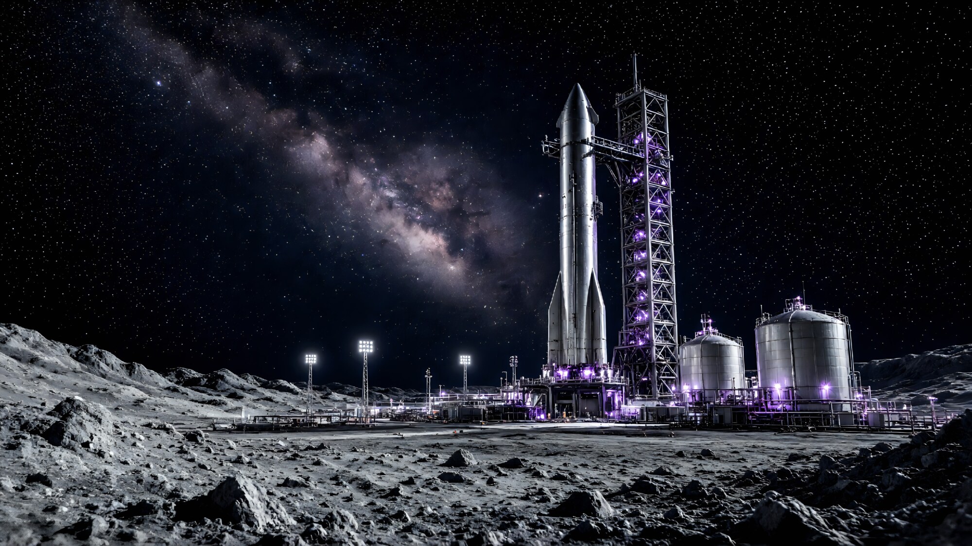 Standing upright on the moon, a silver rocket rests near tanks under a starry sky