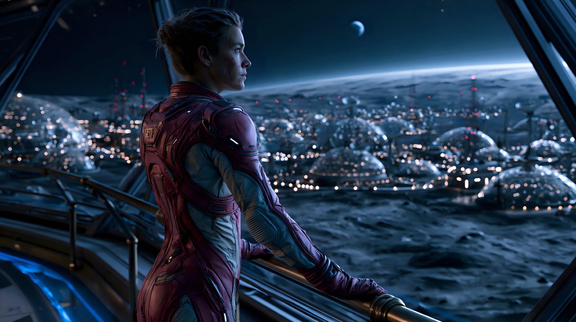 A person in a red spacesuit overlooks domed moon habitats
