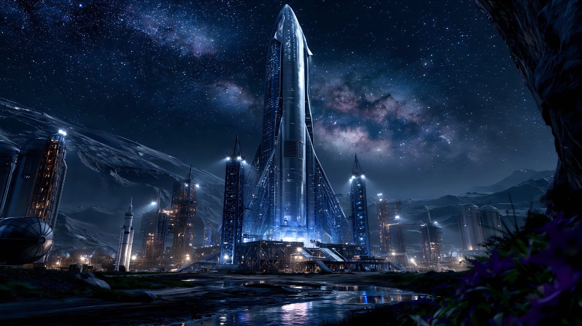 Standing on a dark launch pad, a tall silver rocket rises over a lit lunar base