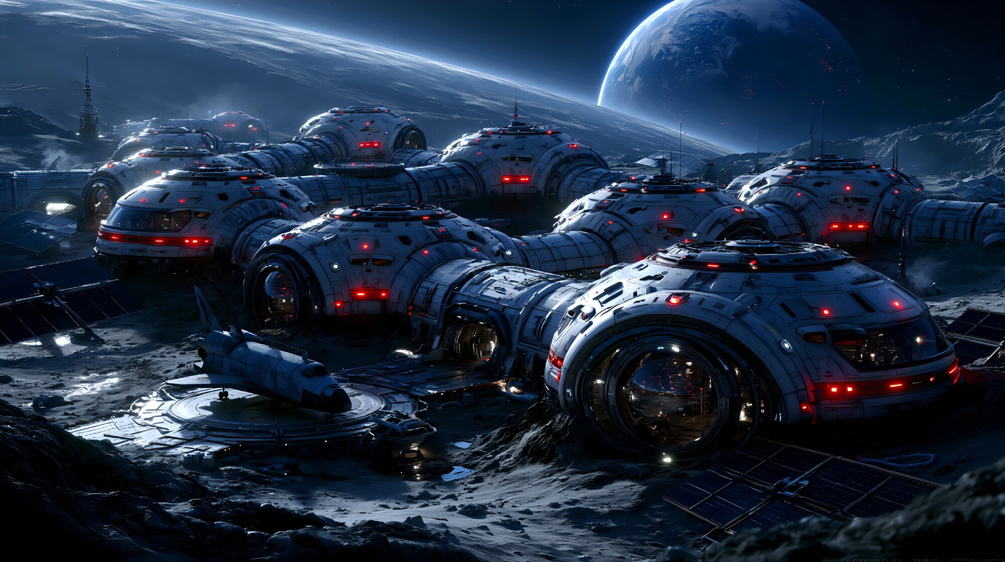 White round habitat pods with red lights connect together across dark gray moon dust