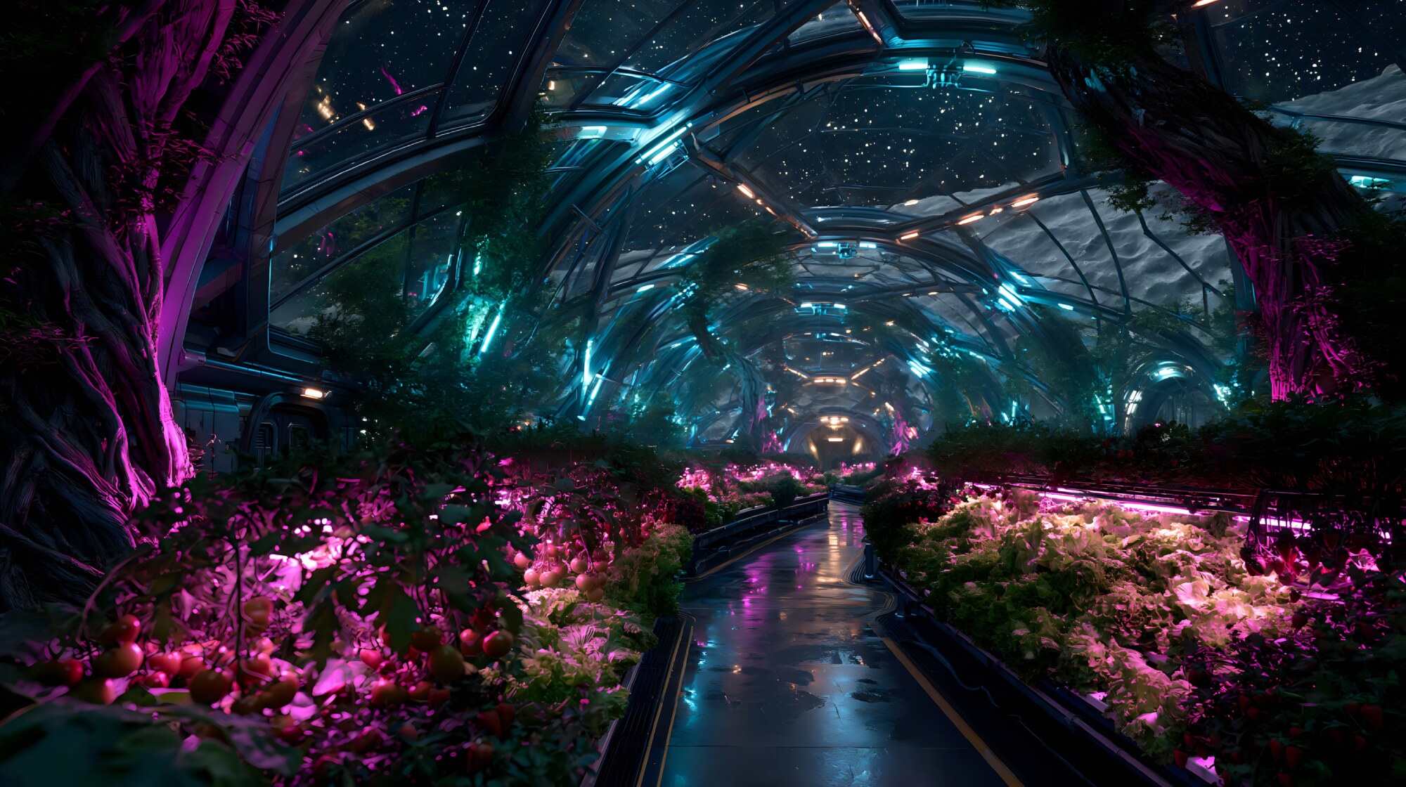 Pink grow lights shine over tomato plants lining a walkway in a greenhouse dome