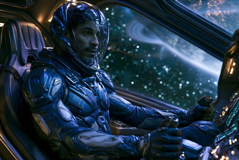 An astronaut steers a cockpit into deep space under cold blue starlight