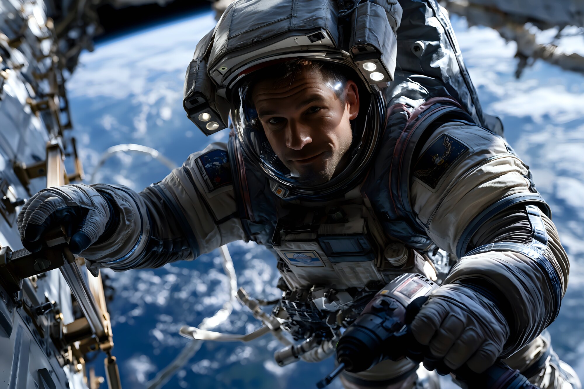 An astronaut in a white spacesuit climbs outside a station high above Earth