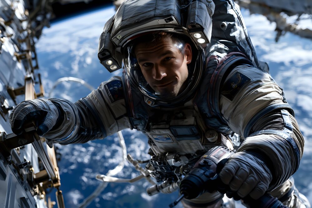 An astronaut in a white spacesuit climbs outside a station high above Earth
