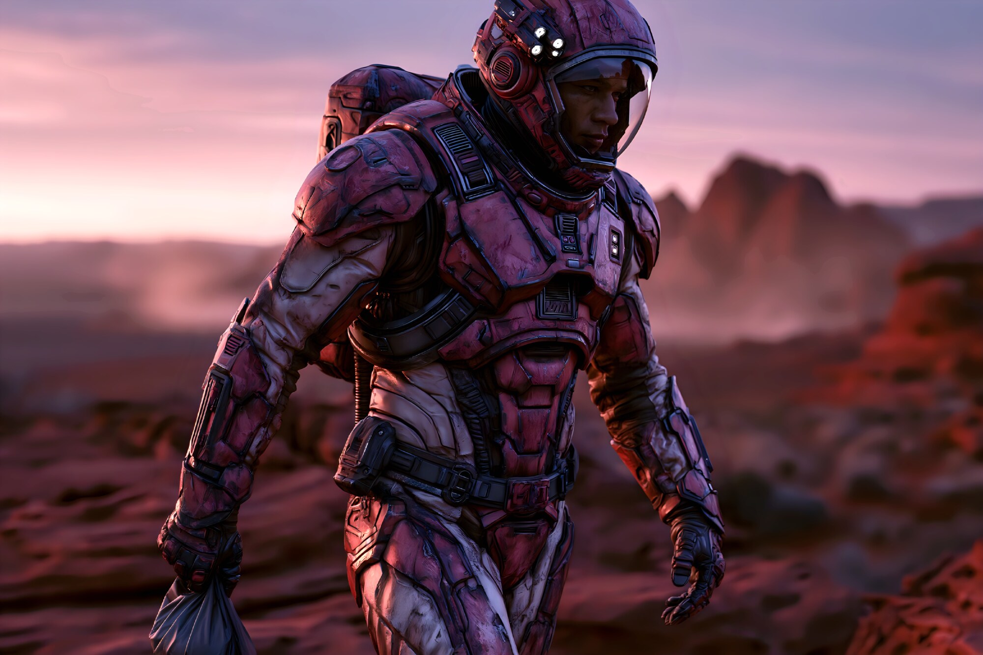 An astronaut walks across a rocky red desert under soft purple twilight