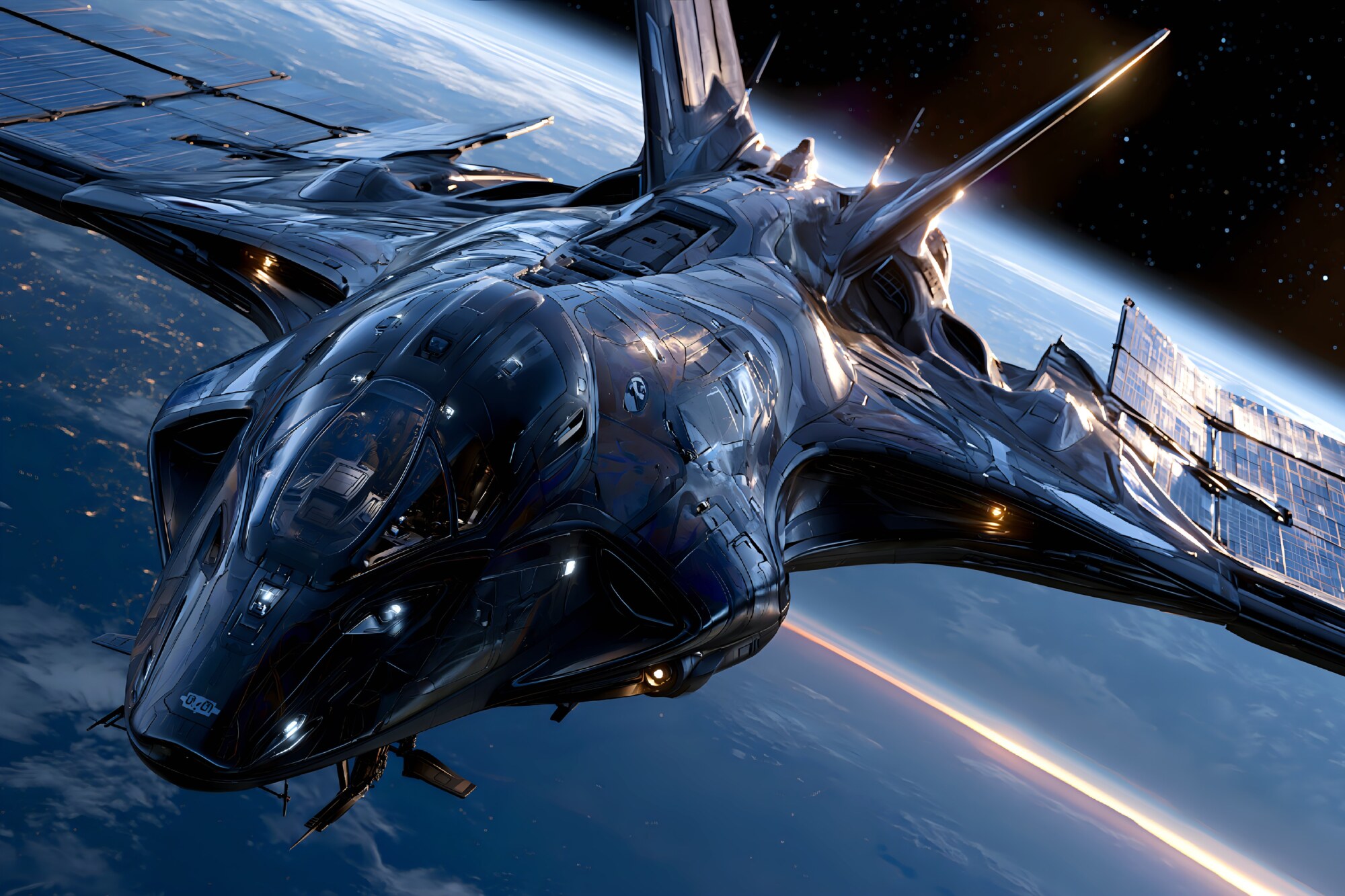 A shiny black spacecraft glides in orbit high above a blue planet
