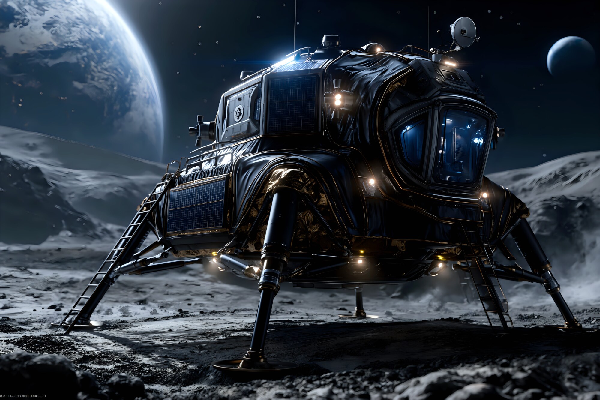 Resting on rocky lunar ground, a dark lander module stands under Earth light