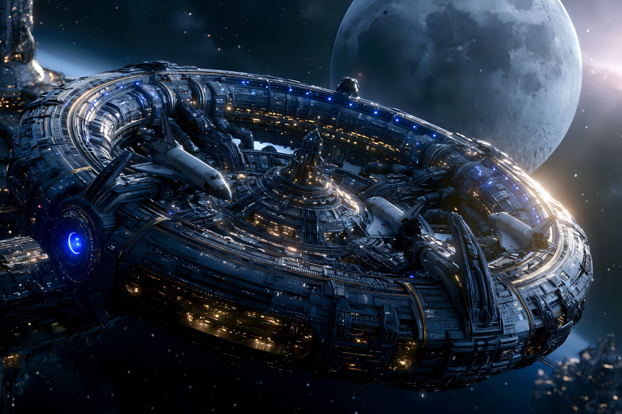 A round space station drifts near a moon with warm yellow lights along the dark hull