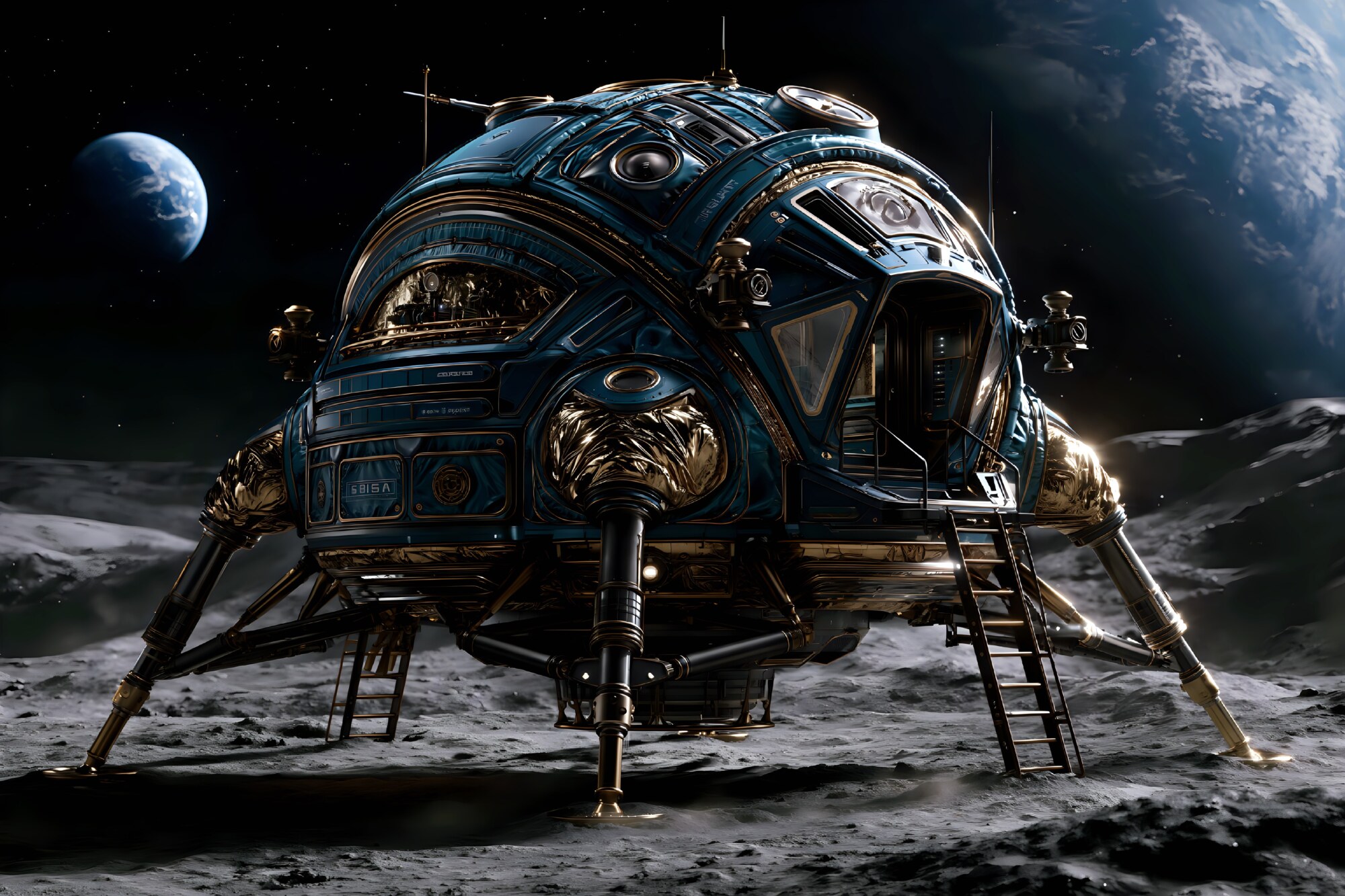 Polished brass legs support a round blue lander on a cratered moon below distant planets