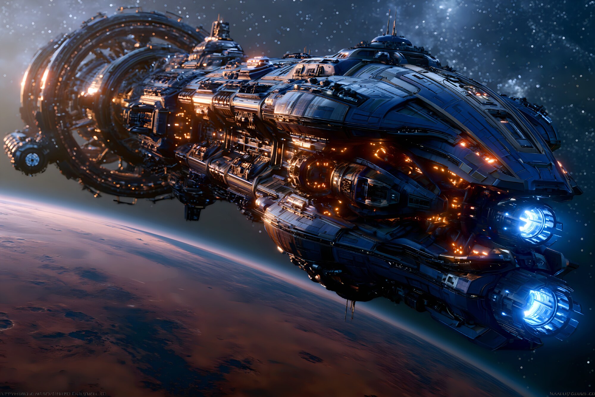 Twin blue engines burn on a heavy spaceship traveling through space over a reddish planet