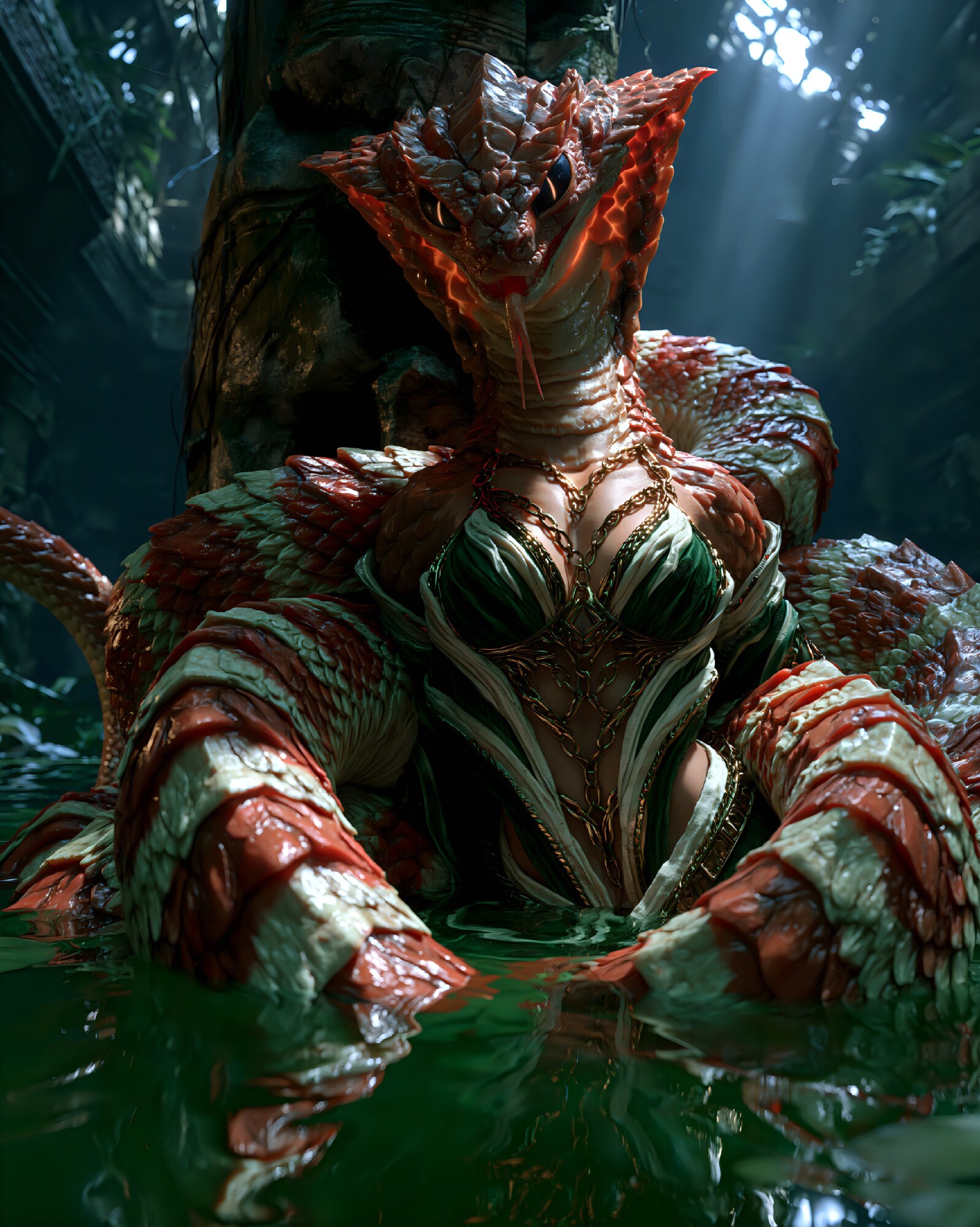 A red-scaled naga rests in dark green water under soft sunlight from above