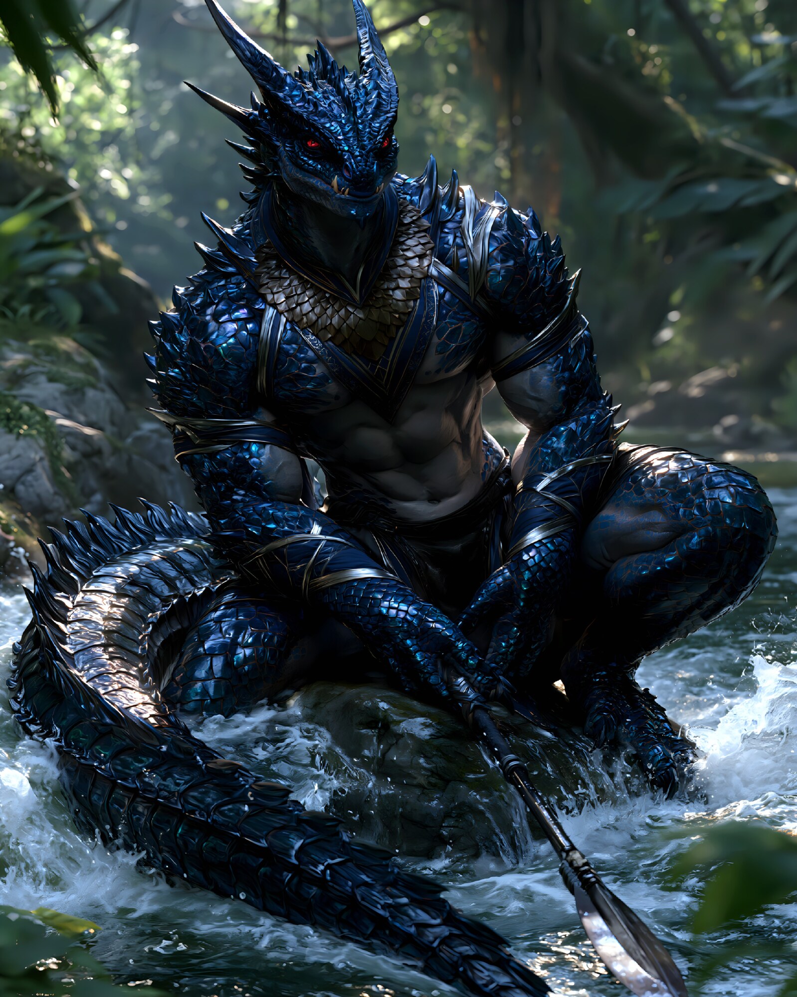 Spiky blue scales cover a horned lizardfolk fighter crouching in a jungle stream