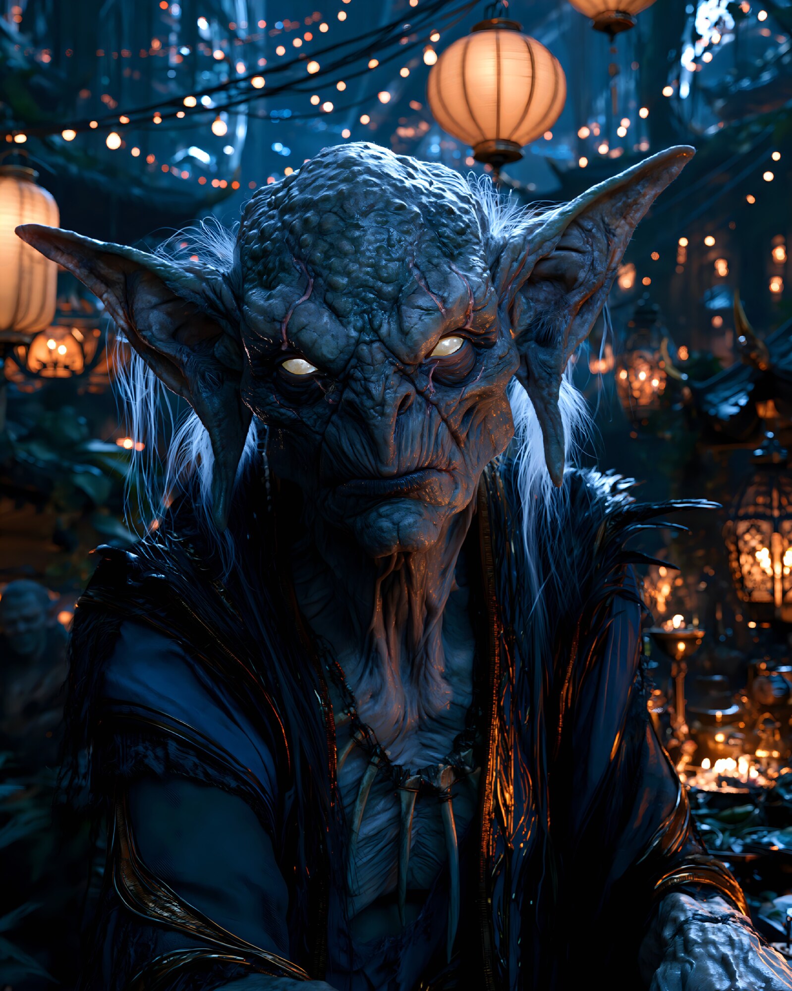 Tattered blue robes drape over an old goblin sitting beneath paper lanterns at night
