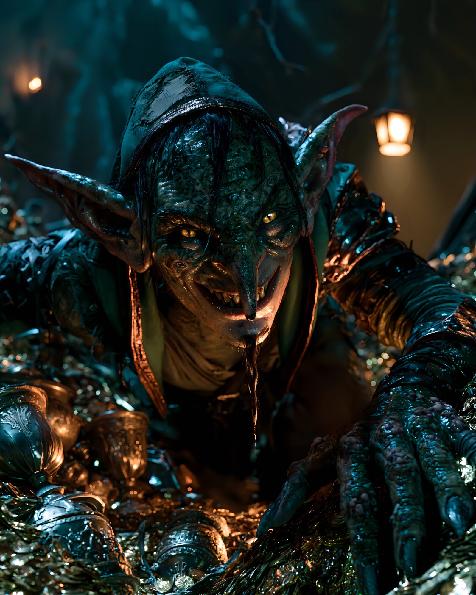 A pale green goblin crawls over a pile of gold cups under lanterns