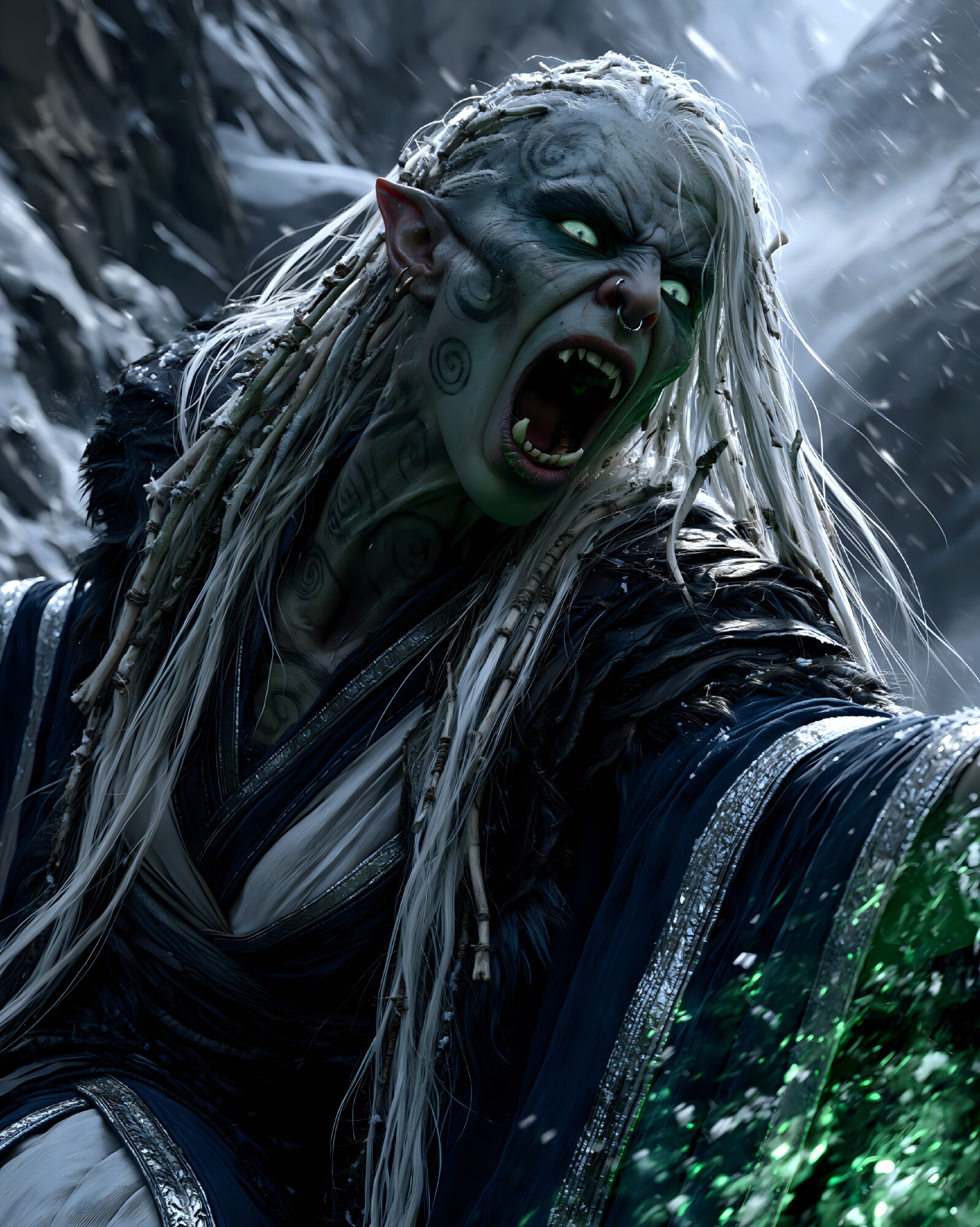 An orc warrior shouts in a snowy canyon with bright green eyes under white hair