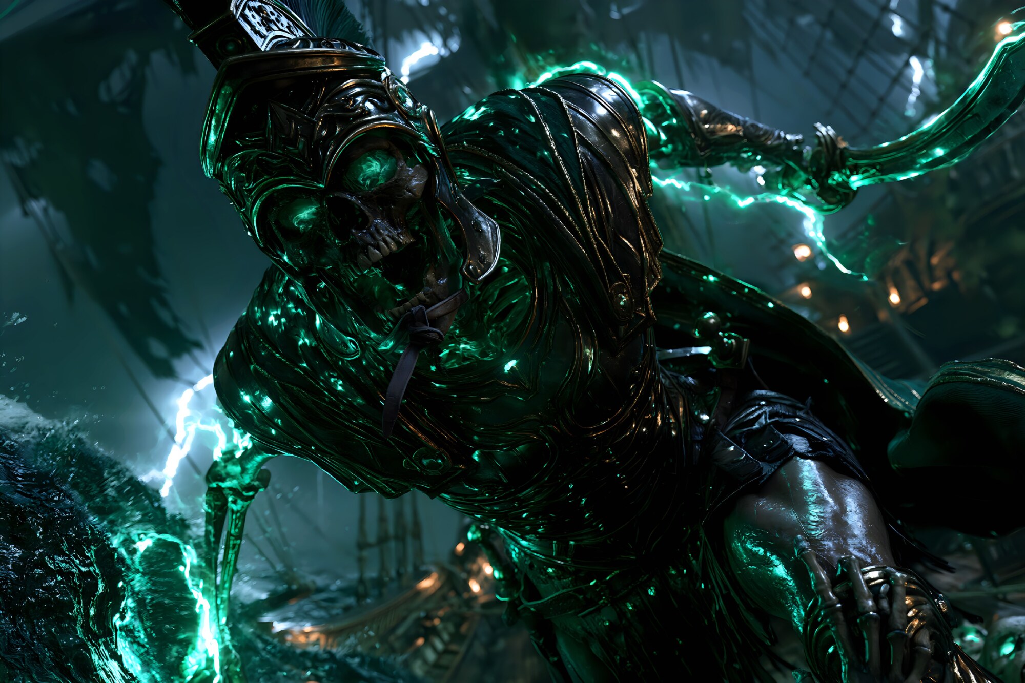 A skeleton soldier in dark armor charges forward with green light in its skull