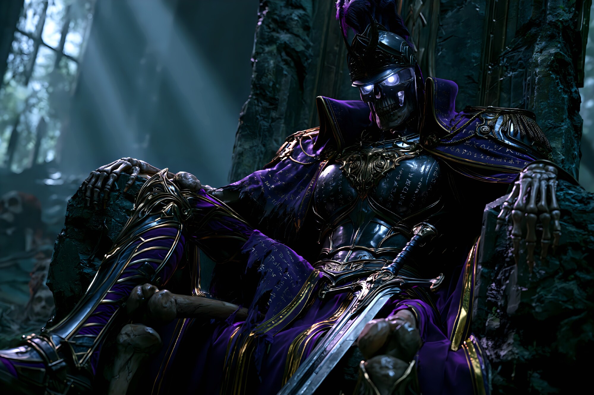 Sitting on a dark stone throne, an undead warrior rests in purple robes and armor