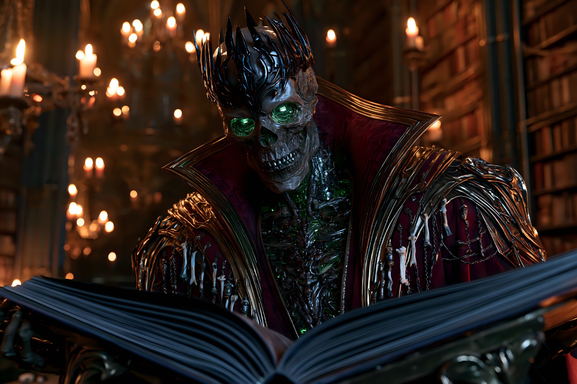 Wearing a dark crown, a crowned skeleton in robes reads a large open book by candlelight