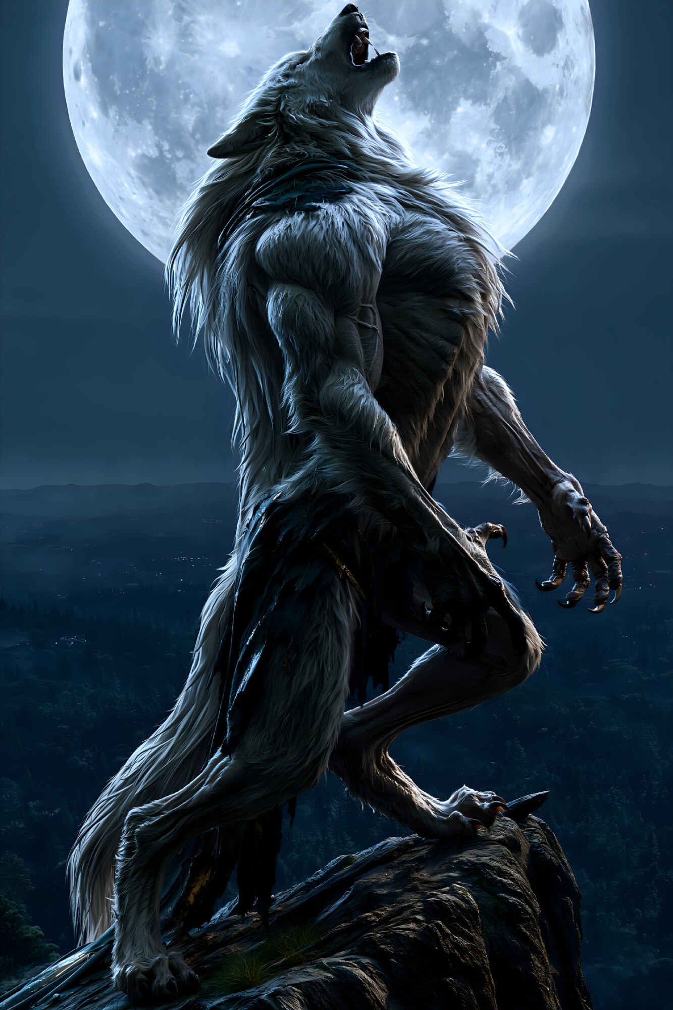 A werewolf howls on a dark rock before a full moon