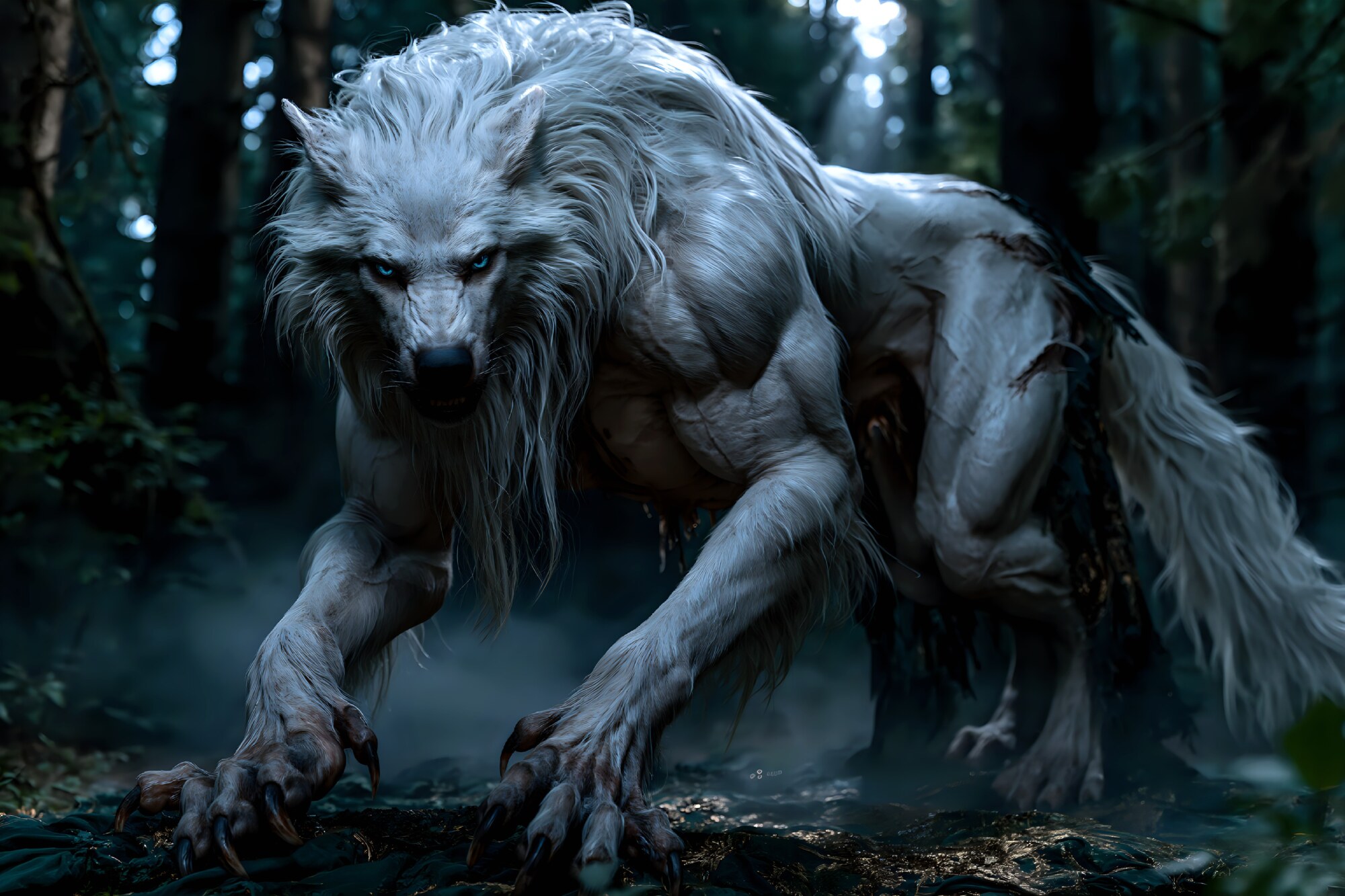 Thick white fur covers a muscular werewolf prowling low to the ground in a dark misty forest
