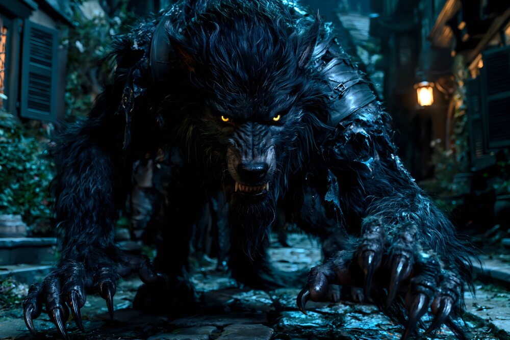 An armored black werewolf prowls forward along a dark cobblestone alleyway