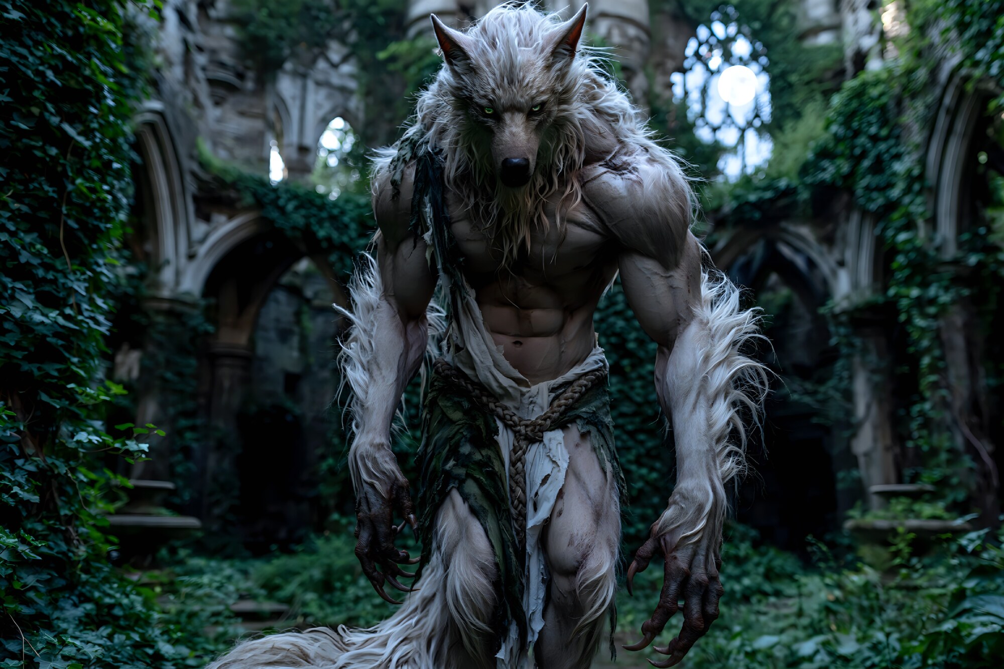 A pale werewolf with shaggy white fur stands in ivy-covered stone ruins under dim daylight