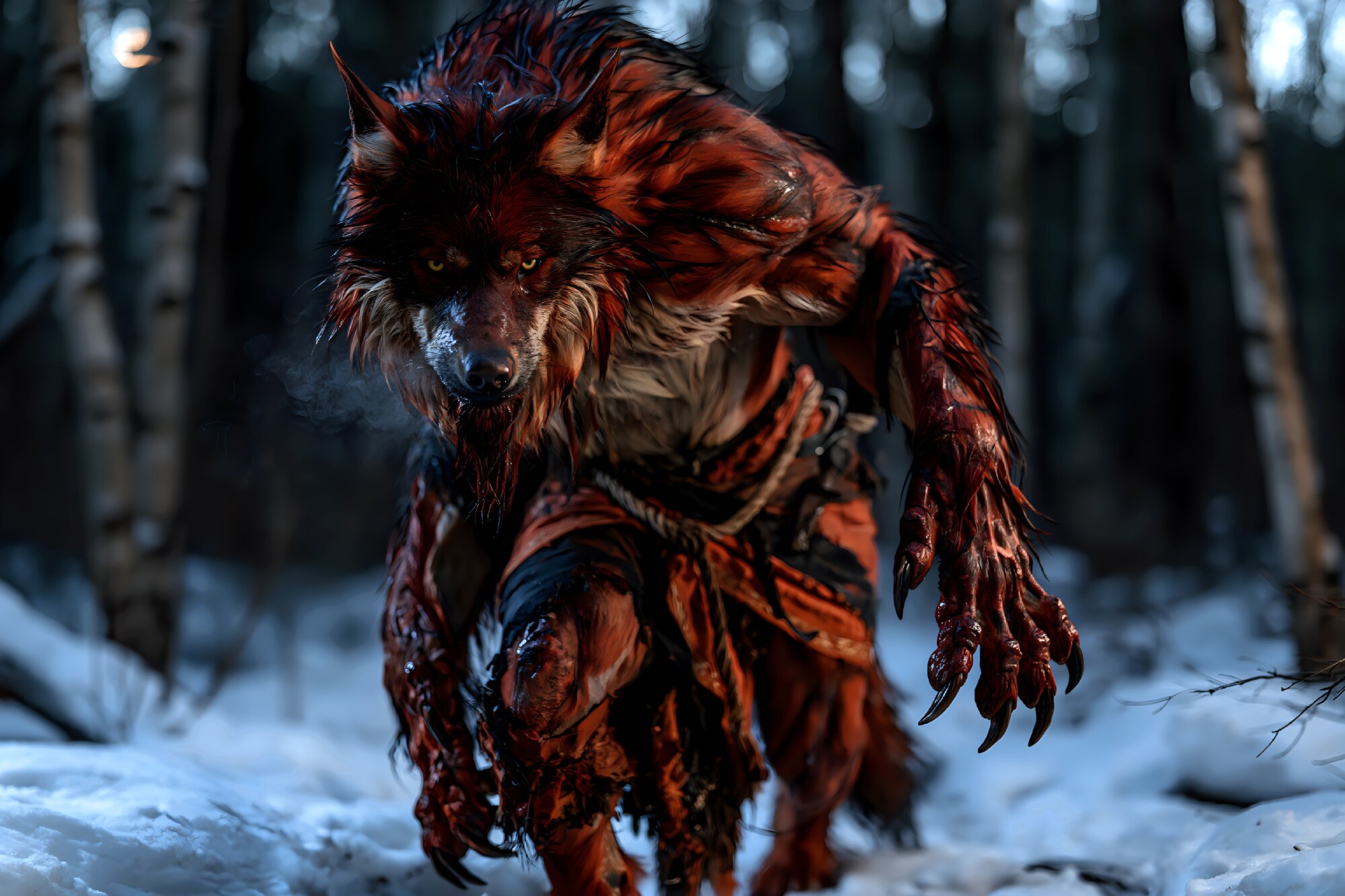 Wearing torn cloth pants, a red-furred werewolf creeps forward in a snowy birch forest