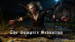 Vampire Sebastian brooding in shadow with blood-red accents