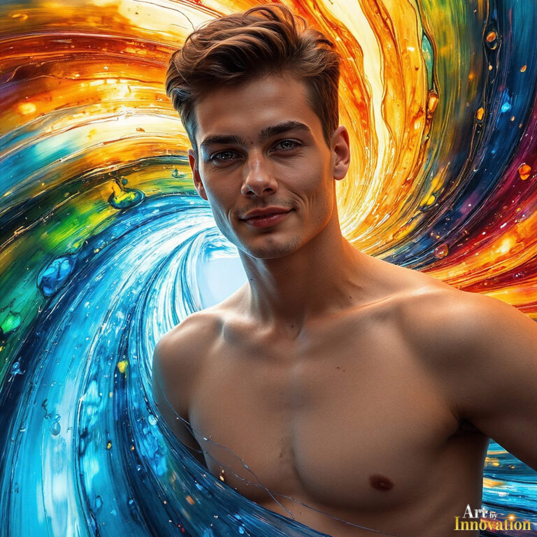 AI-generated abstract art — handsome men controlling swirling vortexes of vibrant colorful fluid and water in motion.